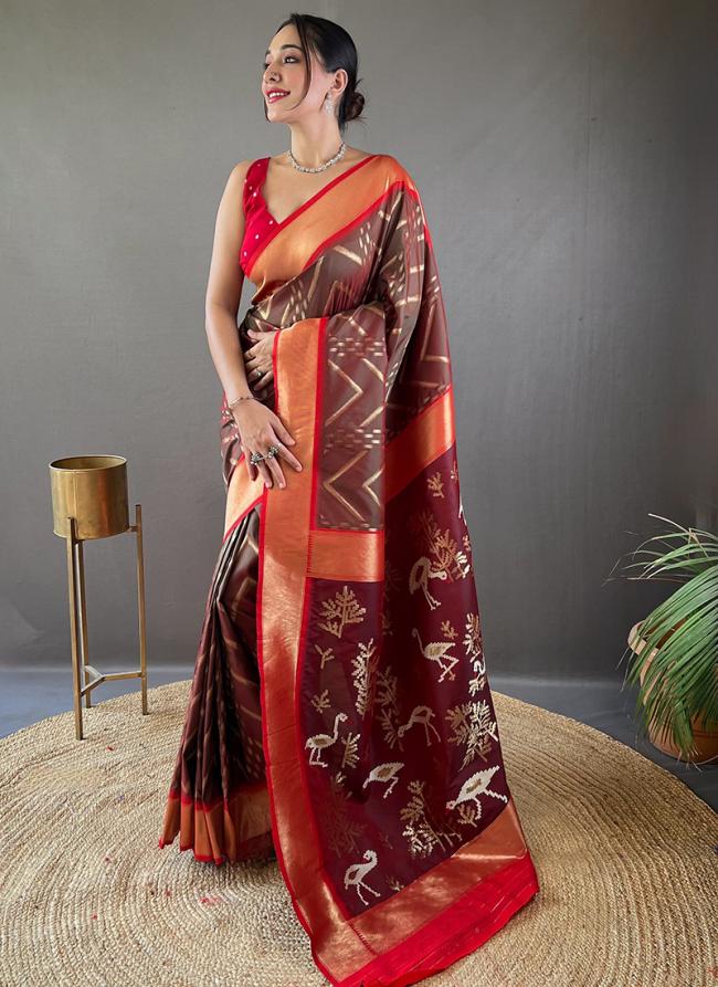 Pure Soft Silk Brown Traditional Wear Weaving Saree